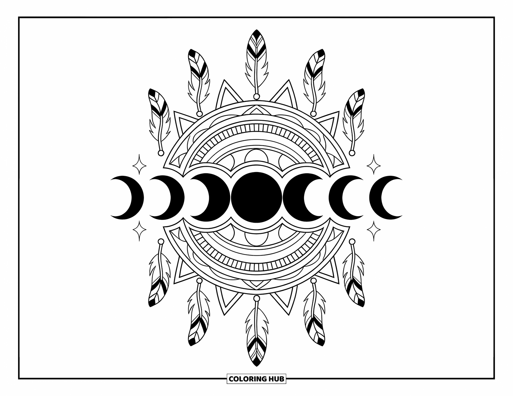 Moon Coloring Page for Adults: A cosmic moon phase sequence framed by bohemian patterns, flowing feathers, and elegant geometric elements