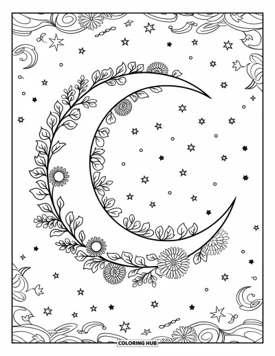 Coloriage de lune pour adultes : un croissant de lune embrassé par des vignes florales épanouies, sur fond cosmique éthéré et ornemental