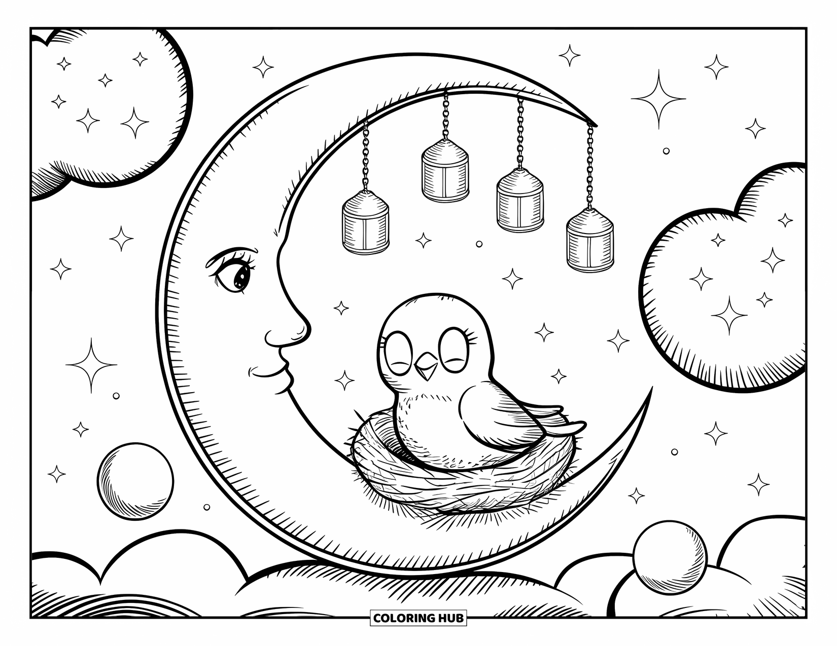 Moon Coloring Page for Adults: A crescent moon gently holds a bird's nest, with lanterns glowing and dream bubbles floating