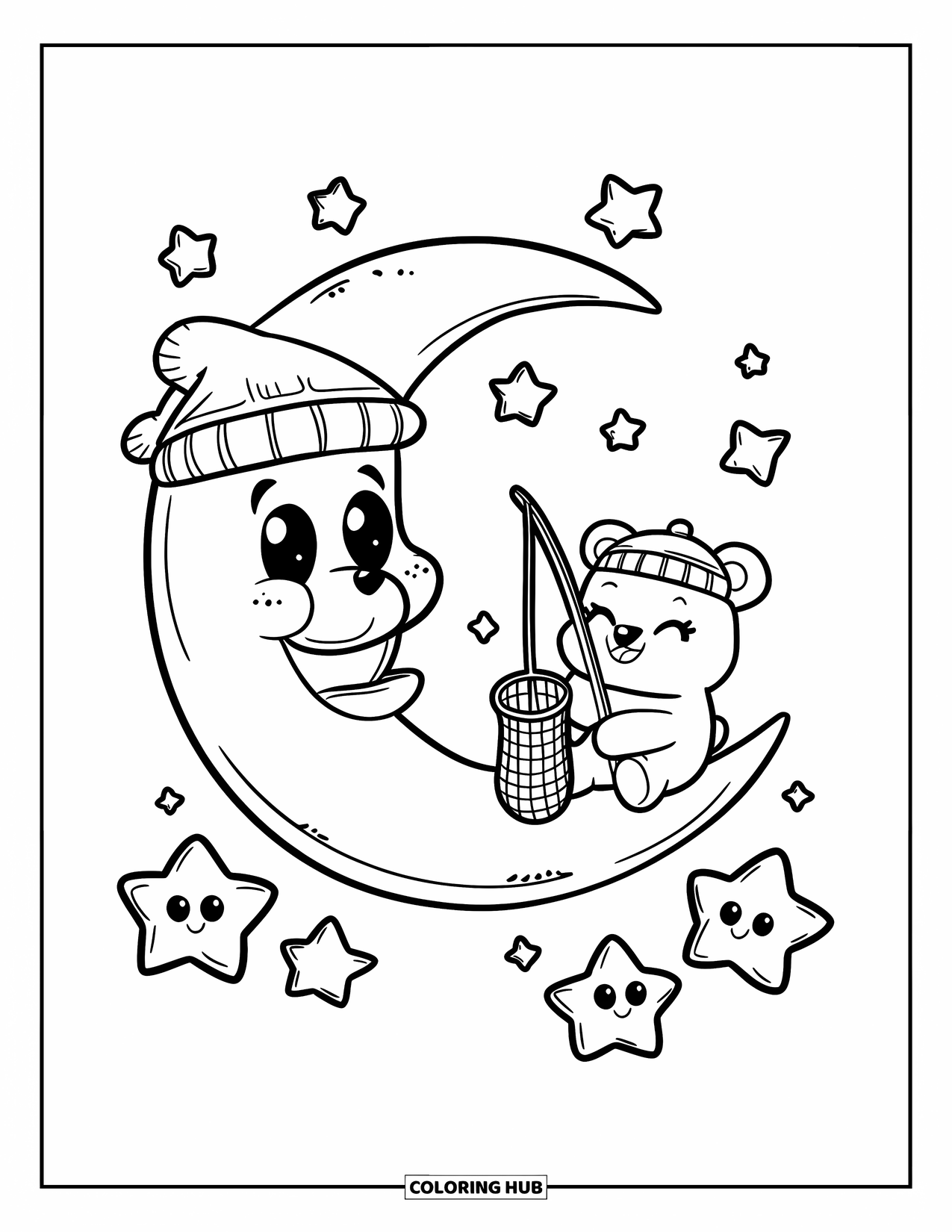 Moon Coloring Page for Adults: A crescent moon in a nightcap drifts peacefully while a small bear catches stars with a tiny net