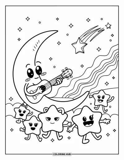 Coloriage de lune pour adultes : un croissant de lune gratte un minuscule ukulélé tandis que des étoiles joyeuses dansent dans le ciel nocturne