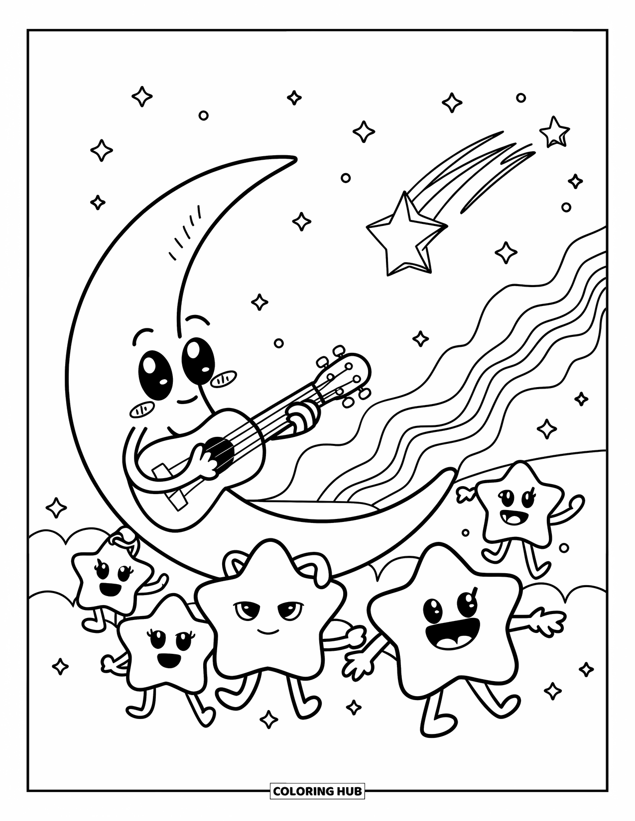 Moon Coloring Page for Adults: A crescent moon strums a tiny ukulele while cheerful stars dance around in the night sky