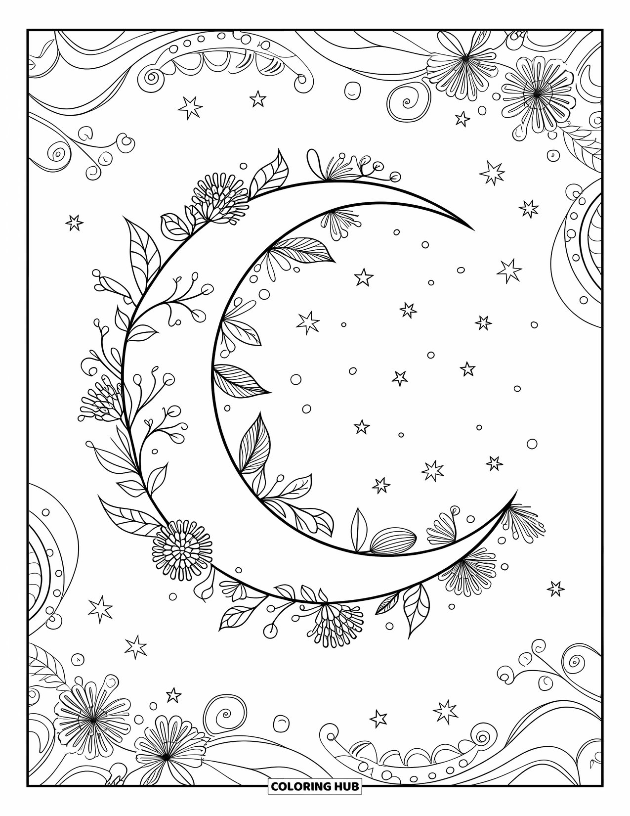 Moon Coloring Page for Adults: A crescent moon wrapped in delicate floral vines, surrounded by scattered twinkling stars and an ornamental cosmic backdrop