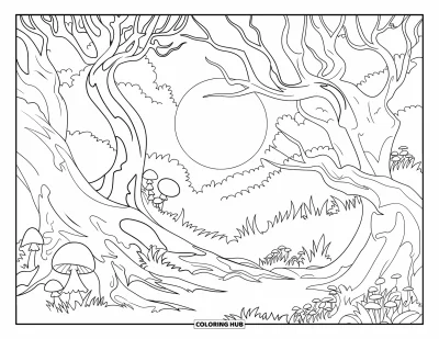 Coloriage de lune pour adultes : une forêt nocturne rêveuse avec des branches tourbillonnantes atteignant le ciel, baignée d’une douce lumière de lune