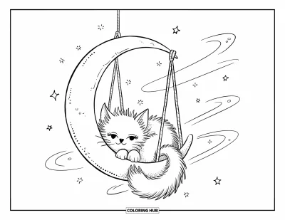 Coloriage de lune pour adultes : un chat duveteux se blottit à l’intérieur d’une balançoire en forme de lune, flottant paisiblement parmi des étoiles scintillantes
