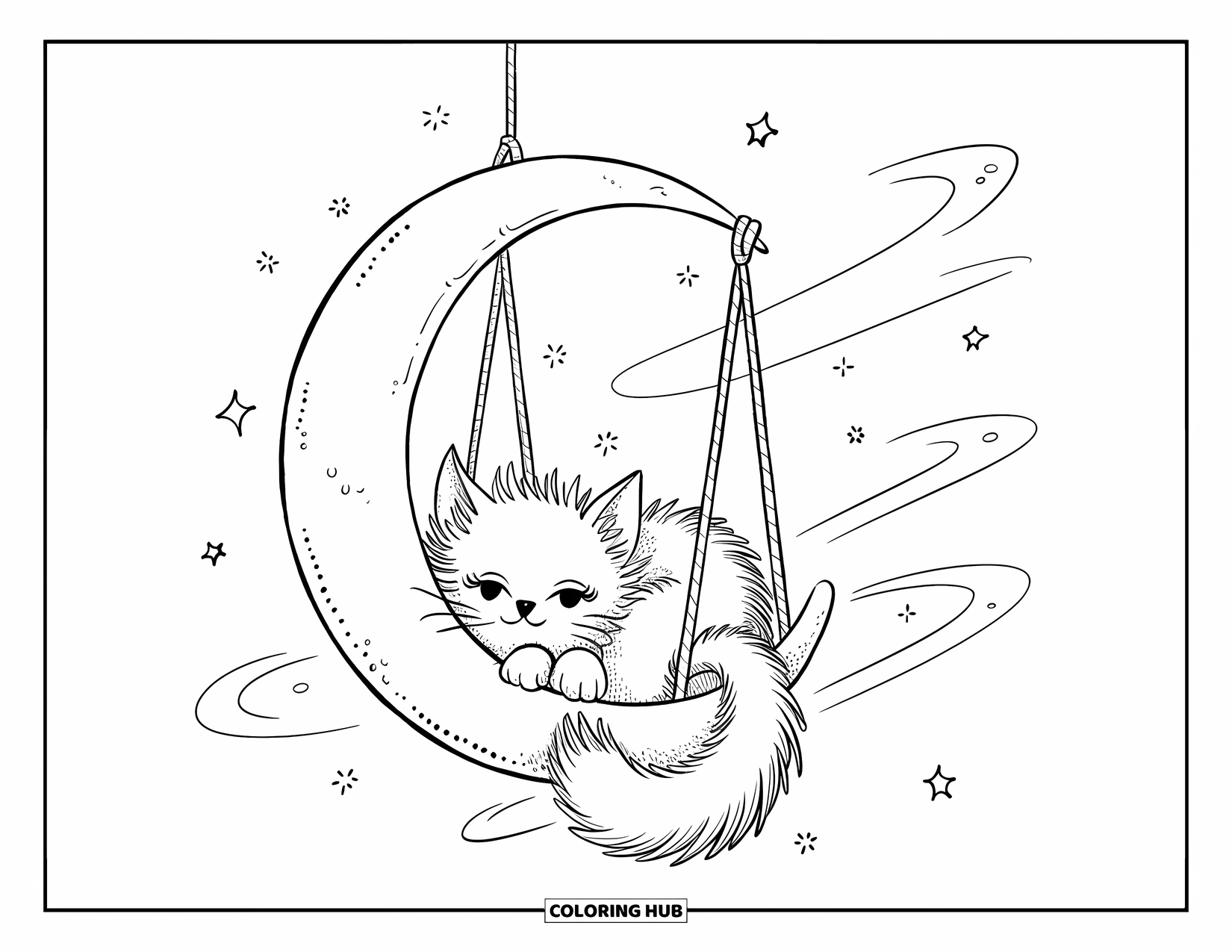 Moon Coloring Page for Adults: A fluffy cat curls up inside a moon-shaped swing, floating peacefully among twinkling stars