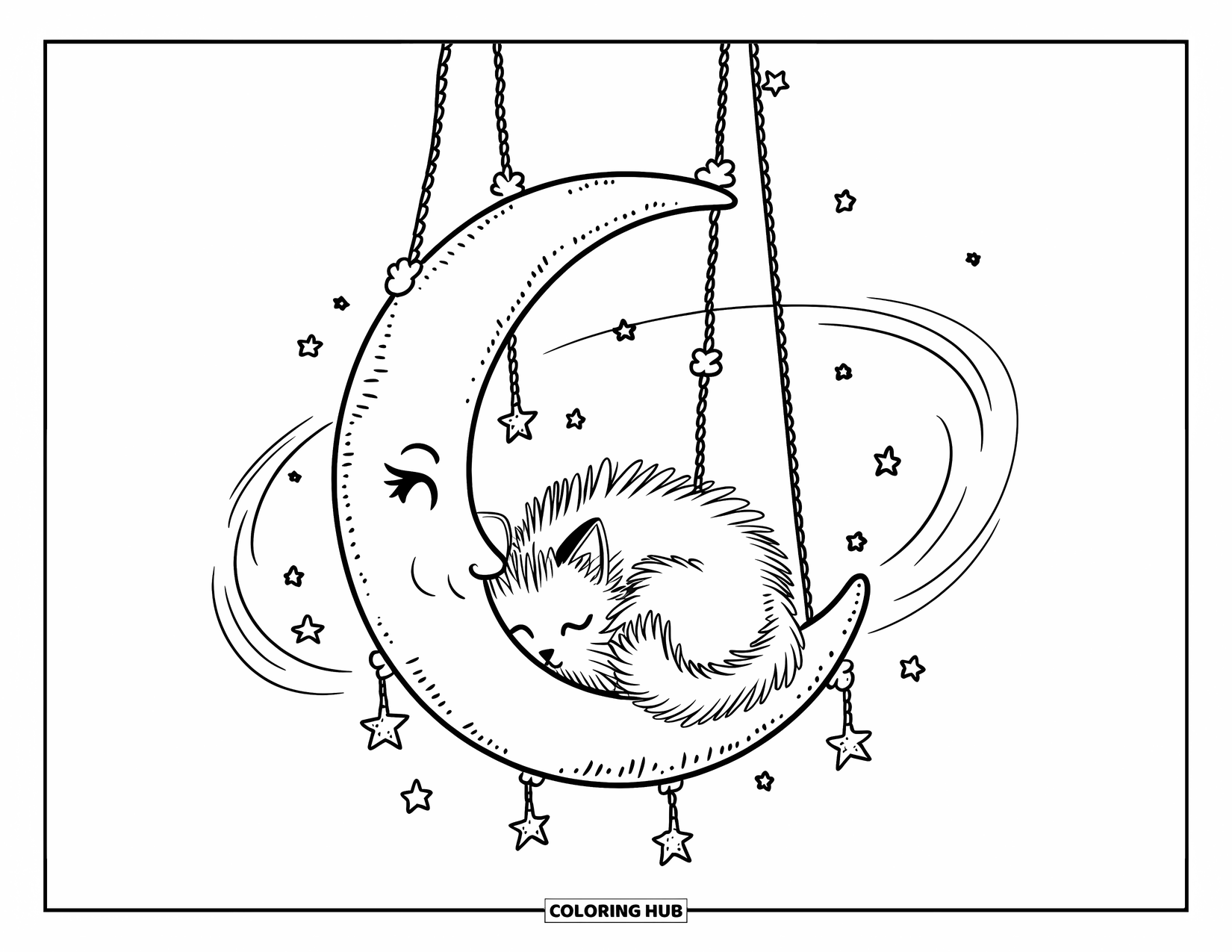 Moon Coloring Page for Adults: A fluffy cat rests in a moon-shaped swing, gently swaying with the wind under a starry sky