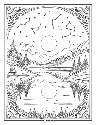 Coloriage de lune pour adultes : une pleine lune se reflète sur un lac tranquille, entourée de pins imposants, de montagnes et d’un ciel de constellations scintillantes