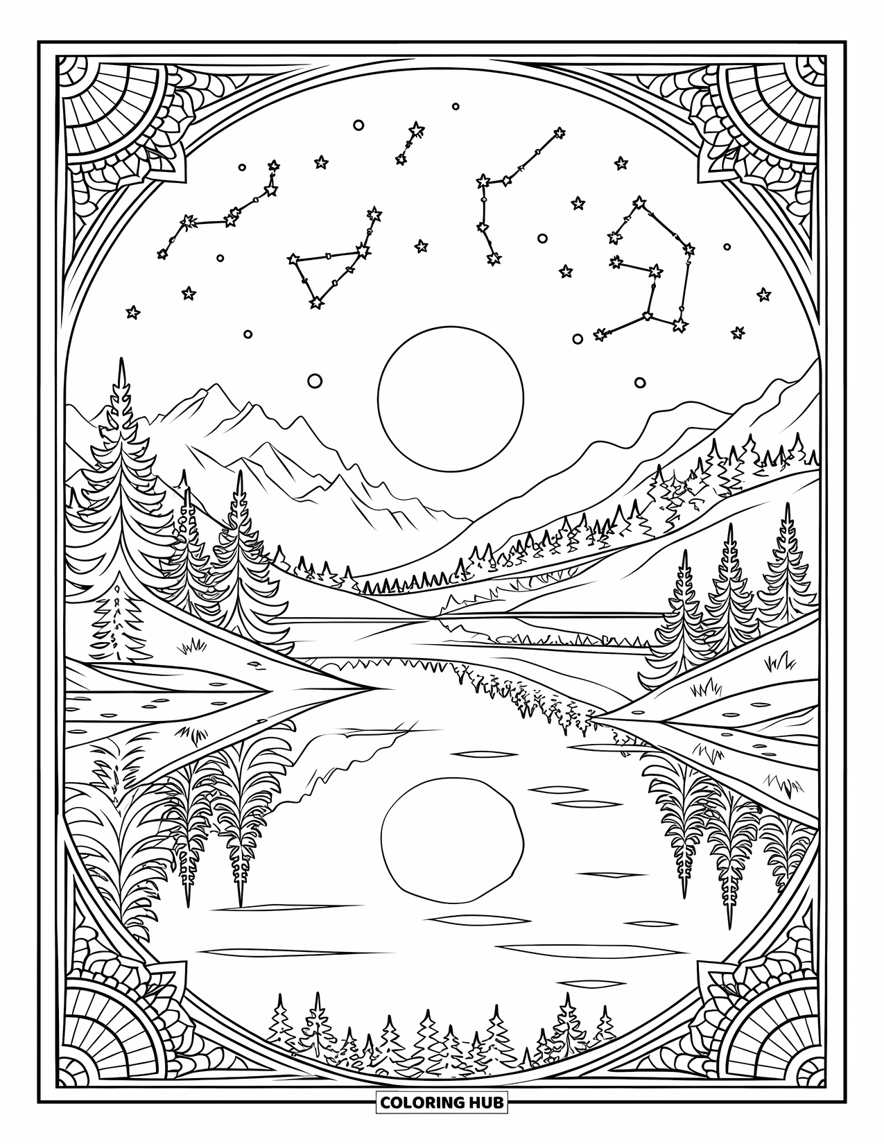 Moon Coloring Page for Adults: A full moon reflects on a tranquil lake, surrounded by towering pines, mountains, and a twinkling constellation sky