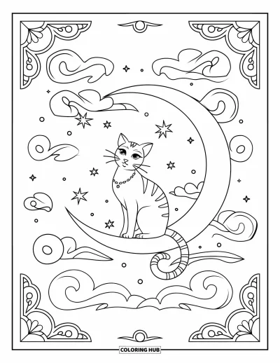 Coloriage de lune pour adultes : un chat gracieux est perché sur un croissant de lune, contemplant des nuages tourbillonnants, des étoiles scintillantes et des merveilles cosmiques