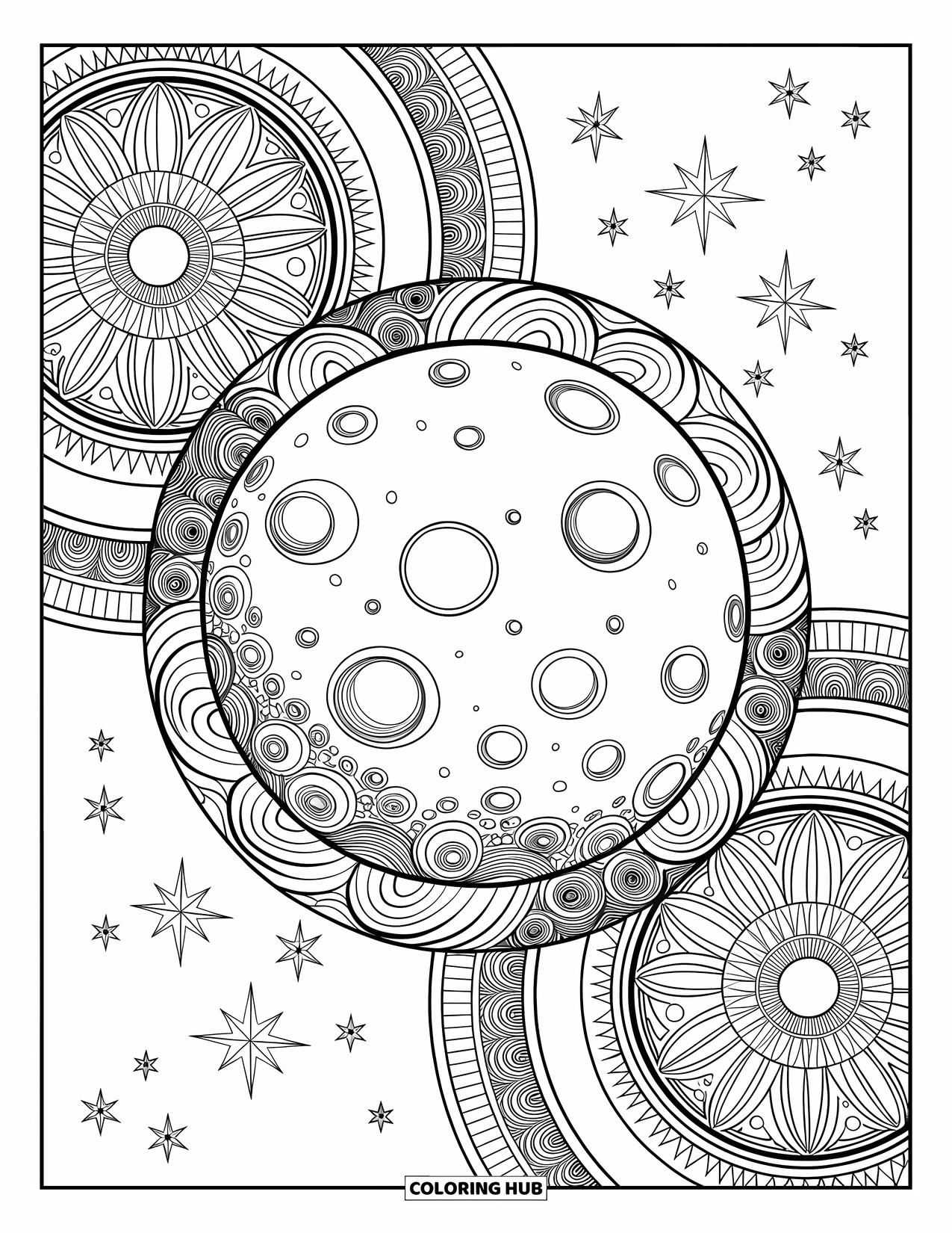 Mond Ausmalbild für Erwachsene: Ein leuchtender Vollmond strahlt kosmische Energie aus, umrahmt von wirbelnden Galaxien, Mandalas und schimmernden himmlischen Details