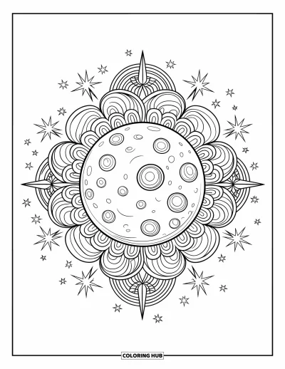 Coloriage de lune pour adultes : un mandala hypnotique centré sur la lune, où des détails célestes, des motifs de cratères tourbillonnants et des étoiles cosmiques créent l’harmonie