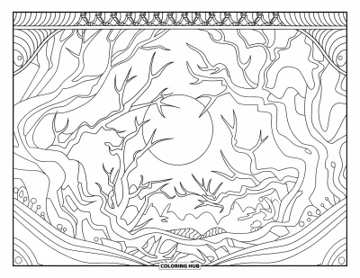 Coloriage de lune pour adultes : une forêt éclairée par la lune où des arbres tordus projettent des ombres, illuminée par la douce lueur de la pleine lune