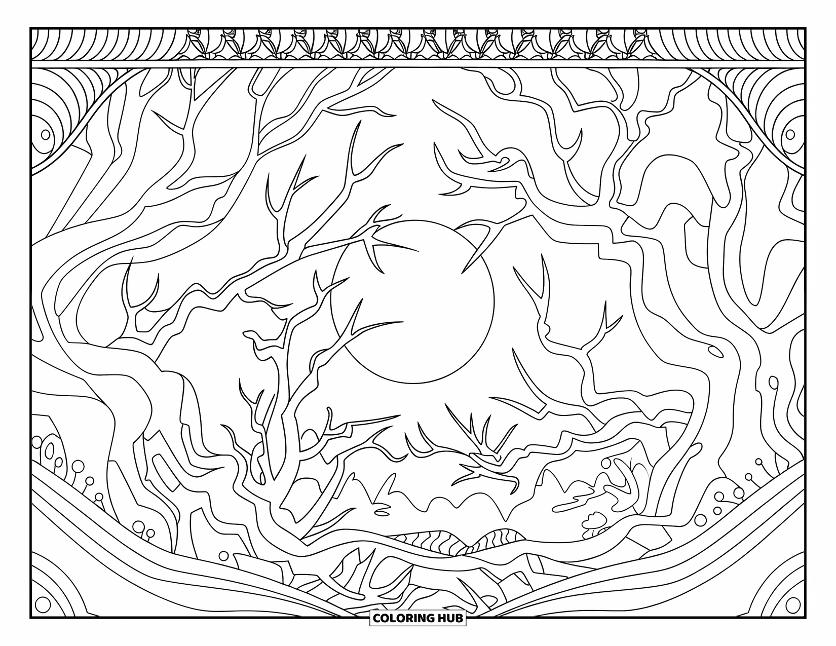 Moon Coloring Page for Adults: A moonlit forest where twisted trees cast shadows, illuminated by the soft glow of the full moon