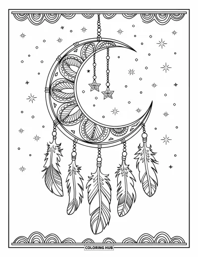 Coloriage de lune pour adultes : un croissant de lune mystique, embrassé par un attrape-rêves orné, avec des plumes suspendues, des perles et des motifs tourbillonnants