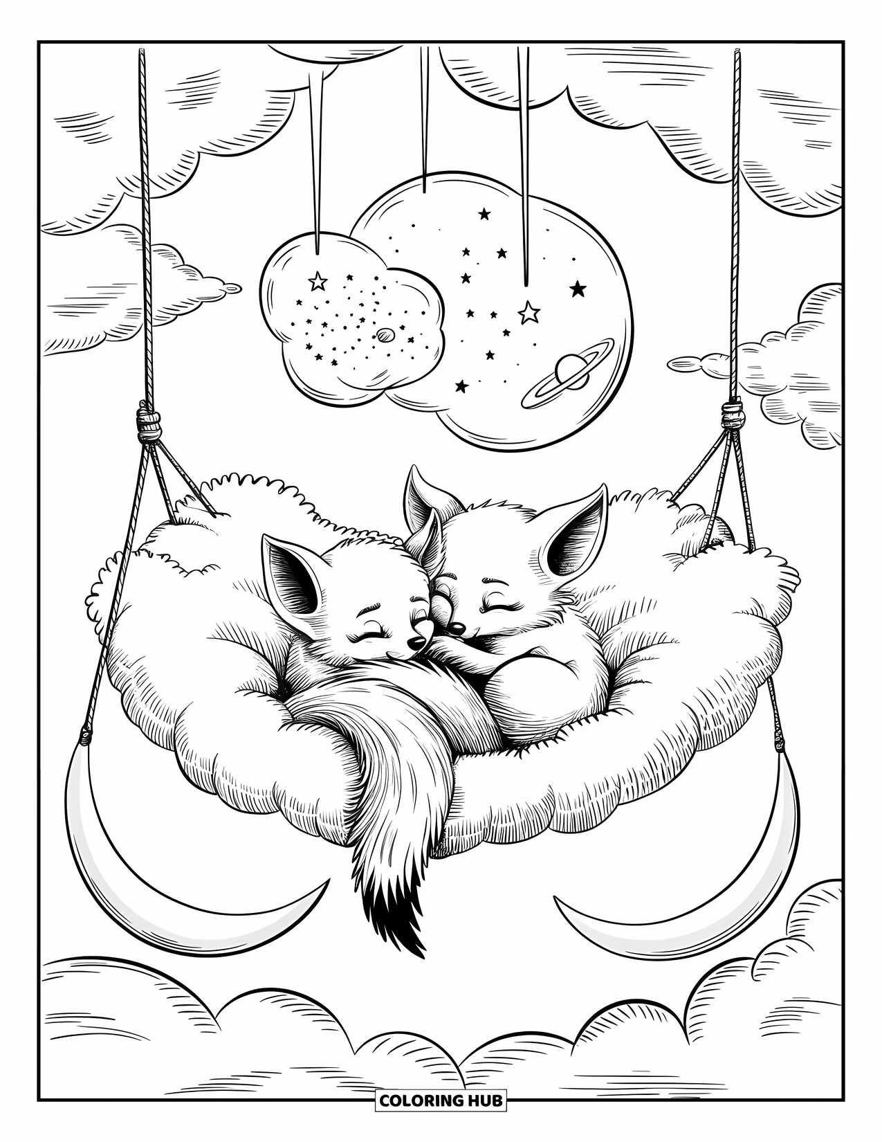 Moon Coloring Page for Adults: A pair of baby foxes rest in a cloud hammock, tails intertwined beneath a dreamy night sky