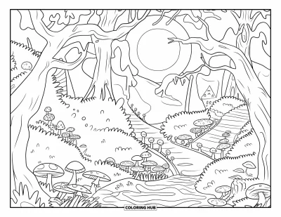 Coloriage de lune pour adultes : un chemin forestier serein serpente à travers des arbres imposants, des champignons brillants et un clair de lune céleste