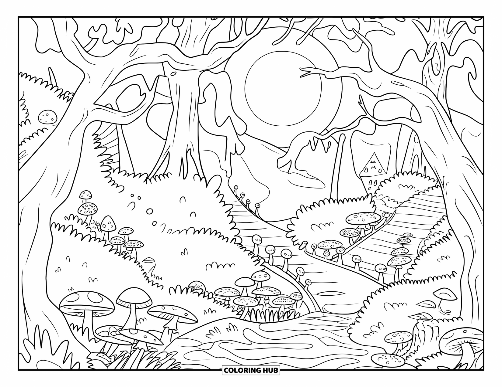 Moon Coloring Page for Adults: A serene forest path winds through towering trees, glowing mushrooms, and celestial moonlight