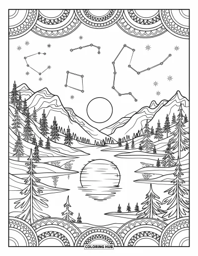 Coloriage de lune pour adultes : un lac paisible éclairé par la lune reflète le ciel brillant, encadré par des montagnes majestueuses, des arbres et des constellations scintillantes