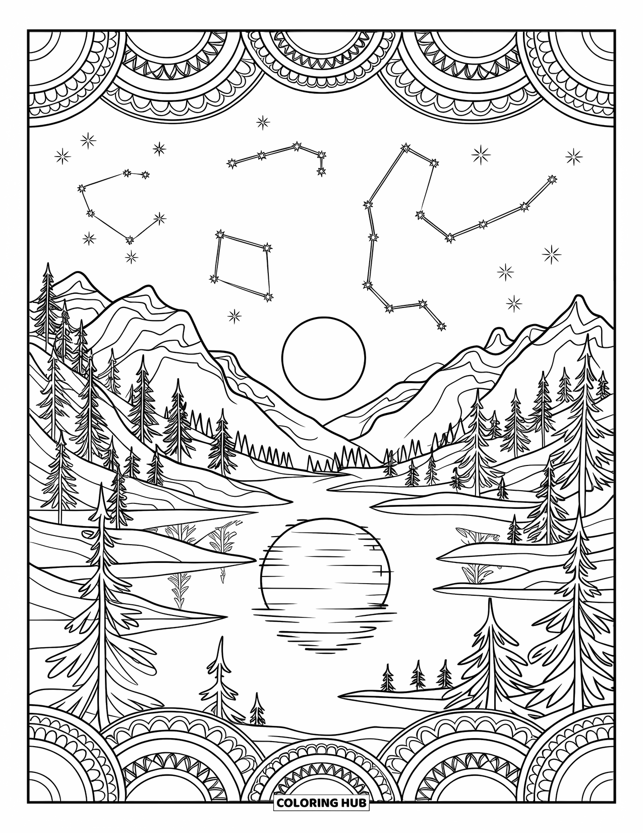 Moon Coloring Page for Adults: A serene moonlit lake mirrors the glowing sky, framed by majestic mountains, trees, and shimmering constellations
