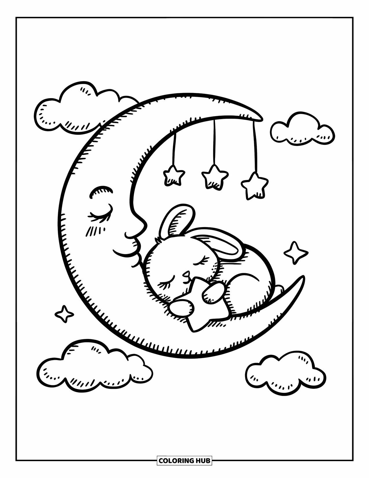 Moon Coloring Page for Adults: A sleeping bunny rests on a crescent moon, holding a tiny star pillow under a dreamy night sky