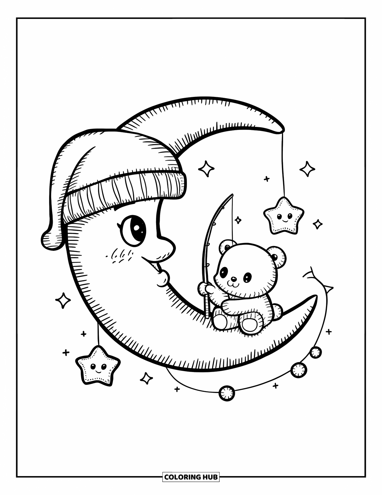 Moon Coloring Page for Adults: A small bear fishes for stars from a crescent moon, surrounded by curious, glowing stars