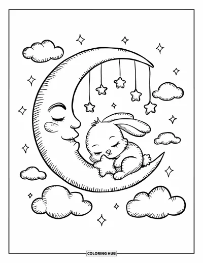 Coloriage de lune pour adultes : un minuscule lapin se blottit sur un croissant de lune, tenant un oreiller étoile tandis que des nuages duveteux dérivent