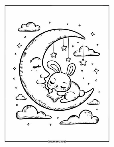 Coloriage de lune pour adultes : un minuscule lapin dort sur un croissant de lune, câlinant un oreiller en forme d’étoile avec des nuages flottants à proximité