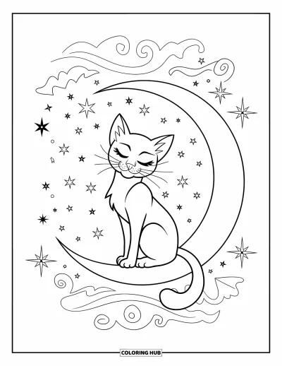 Coloriage de lune pour adultes : un chat élégant est assis sur un croissant de lune, perdu dans ses pensées sous un vaste ciel étoilé