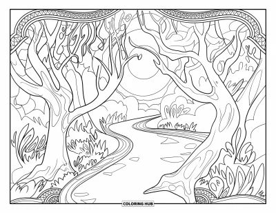 Coloriage de lune pour adultes : un bois enchanté baigné de clair de lune, avec des arbres anciens s’étendant vers le ciel et des motifs nocturnes complexes