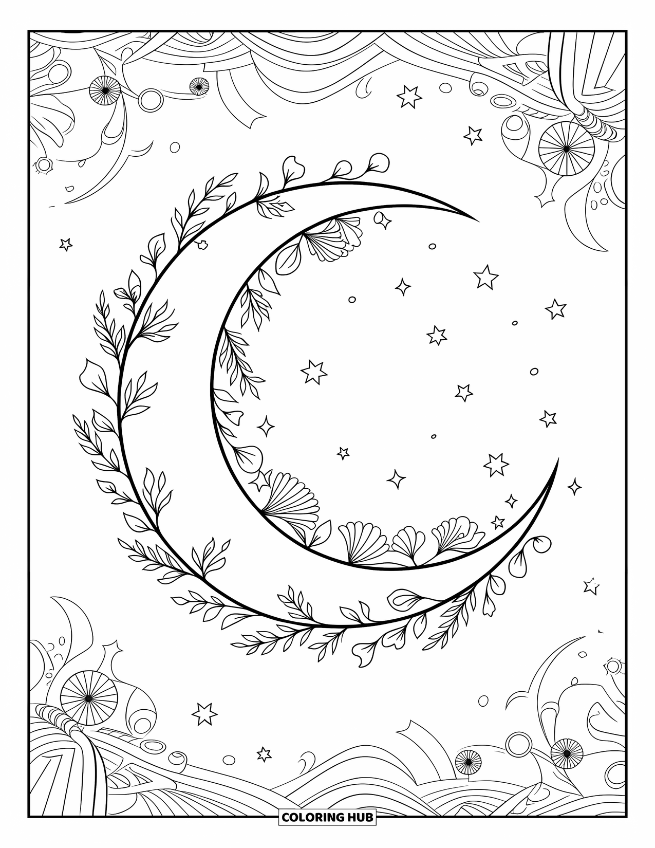 Moon Coloring Page for Adults: An intricate floral-adorned crescent moon radiates elegance, framed by twinkling stars and decorative celestial swirls