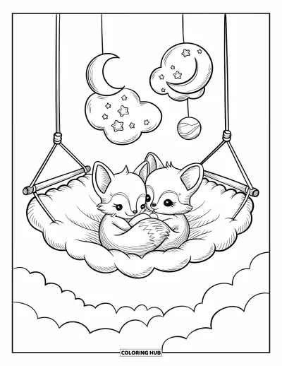 Coloriage de lune pour adultes : deux bébés renards se blottissent dans un hamac nuageux, entourés de bulles de rêve remplies de minuscules étoiles