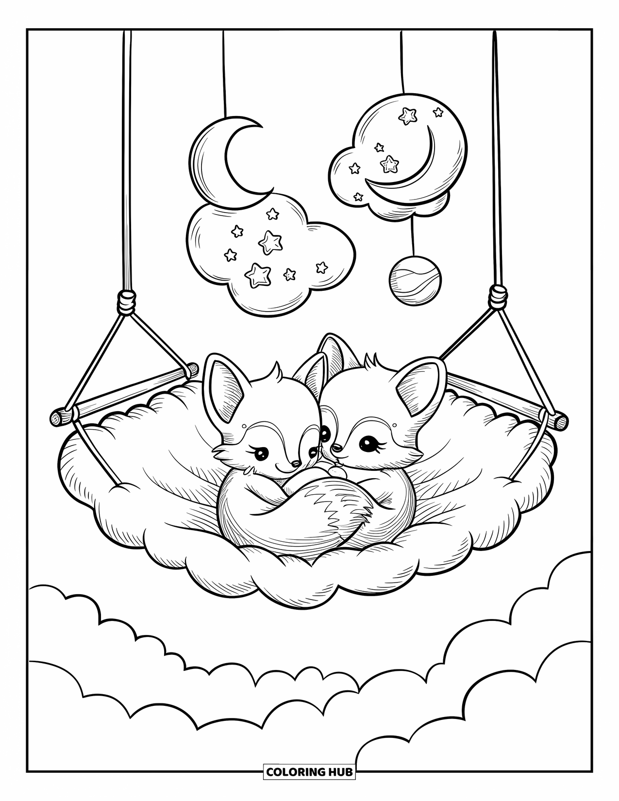 Moon Coloring Page for Adults: Two baby foxes curl up in a cloud hammock, surrounded by dream bubbles filled with tiny stars