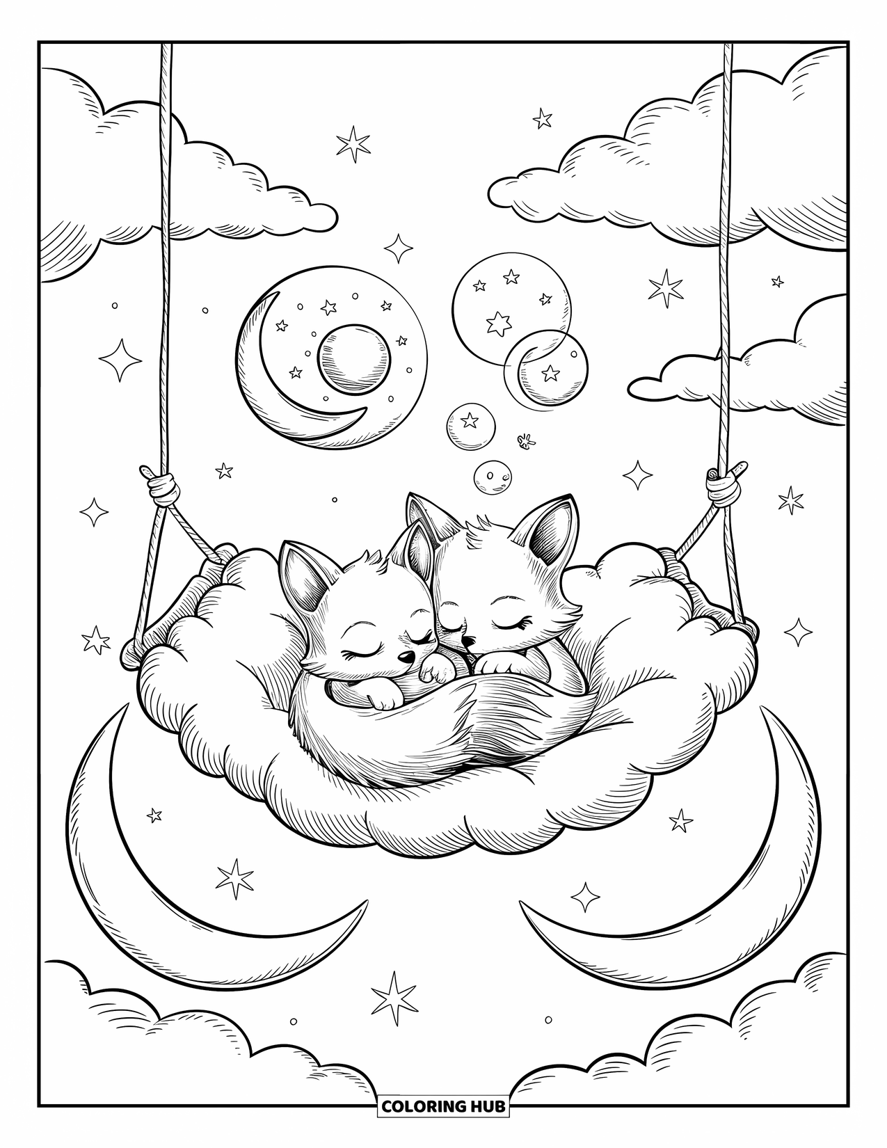 Moon Coloring Page for Adults: Two baby foxes sleep in a cloud hammock, floating between crescent moons under a peaceful night sky