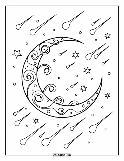 Coloriage de lune pour enfants : un croissant de lune audacieux avec d’élégants tourbillons flotte dans le ciel, encerclé par des étoiles filantes