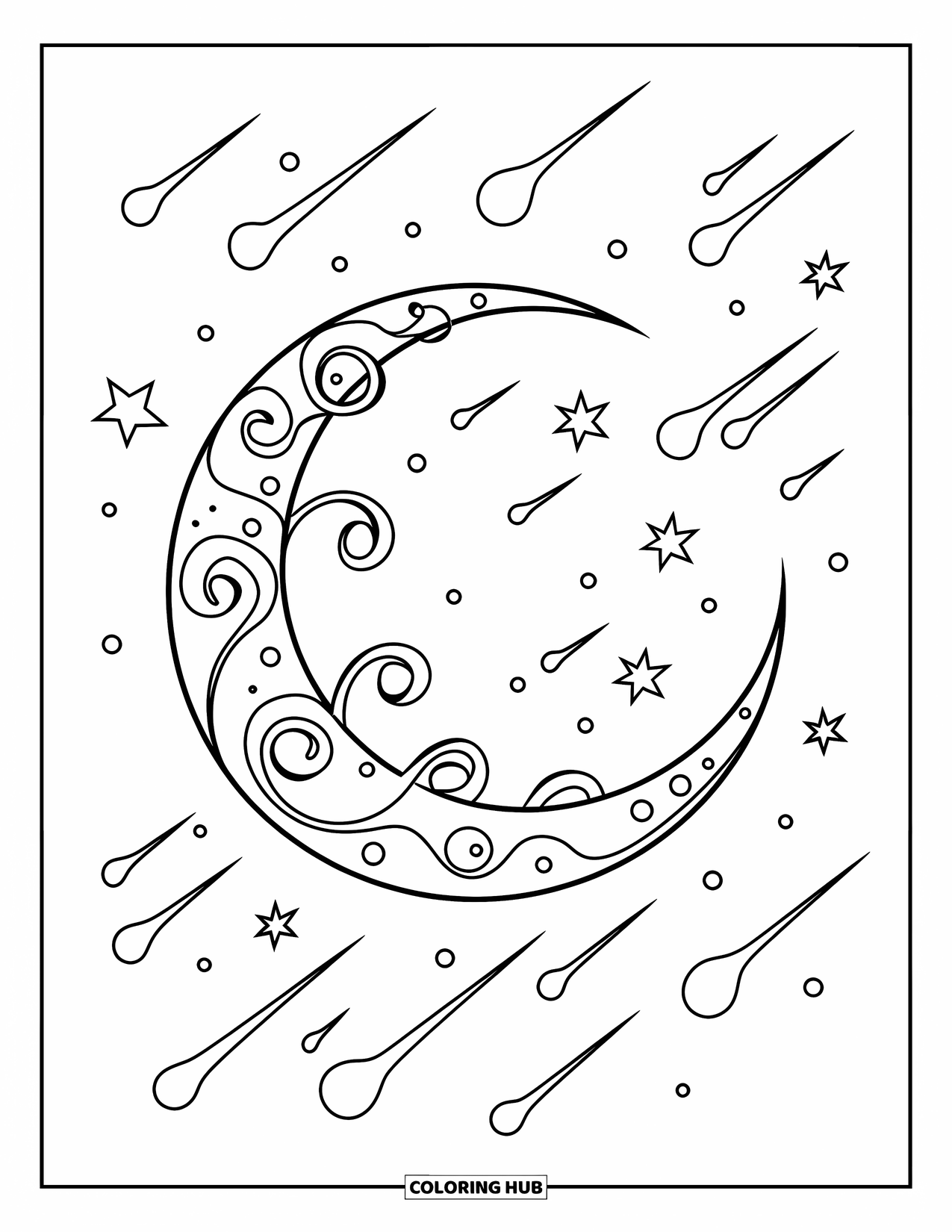 Moon Coloring Page for Kids: A bold crescent moon with elegant swirls floats in the sky, encircled by streaking stars