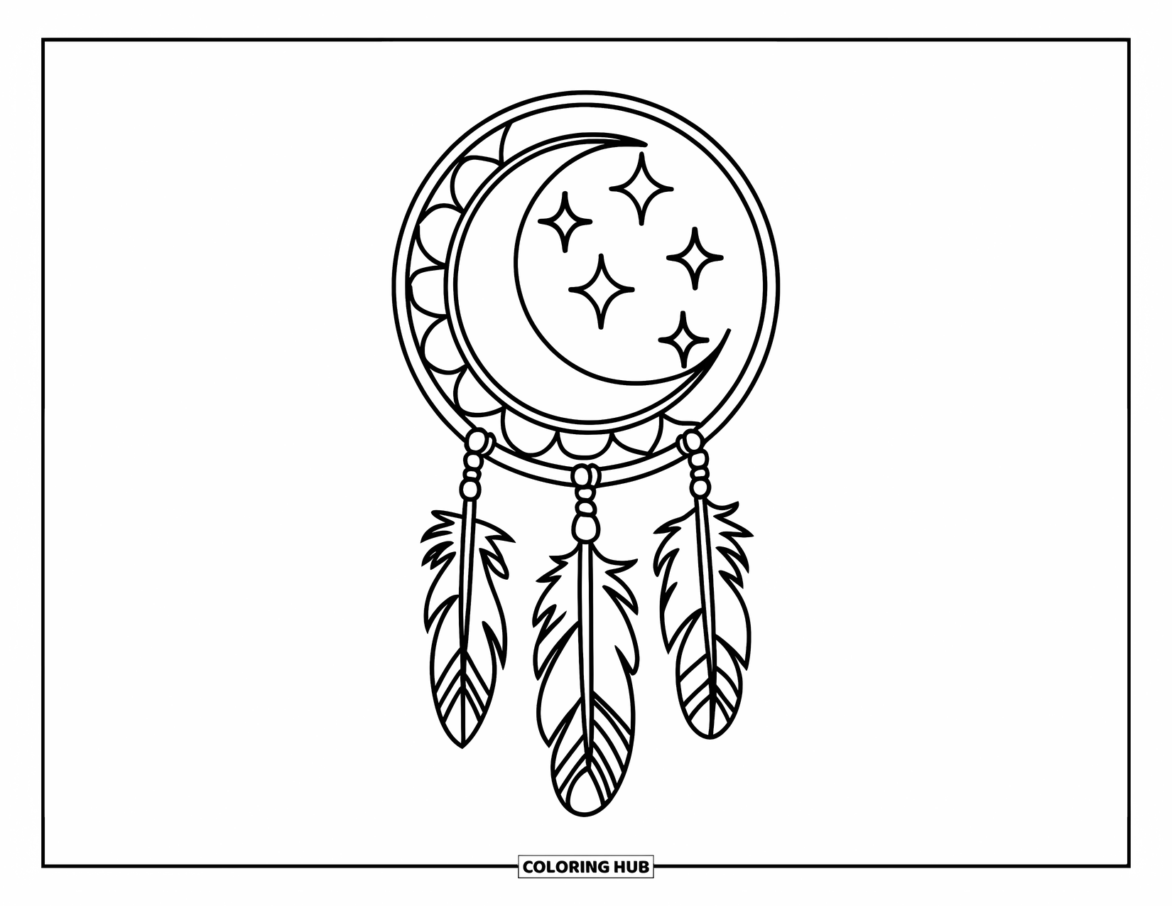 Moon Coloring Page for Kids: A celestial dreamcatcher holds a crescent moon at its center, decorated with floating stars and soft feathers