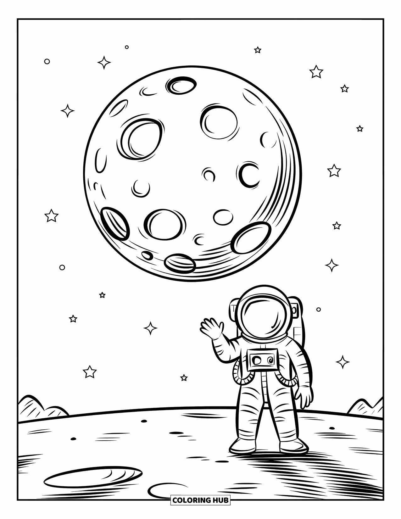 Moon Coloring Page for Kids: A cheerful astronaut greets from a cratered moon, floating in the vast cosmos filled with sparkling stars