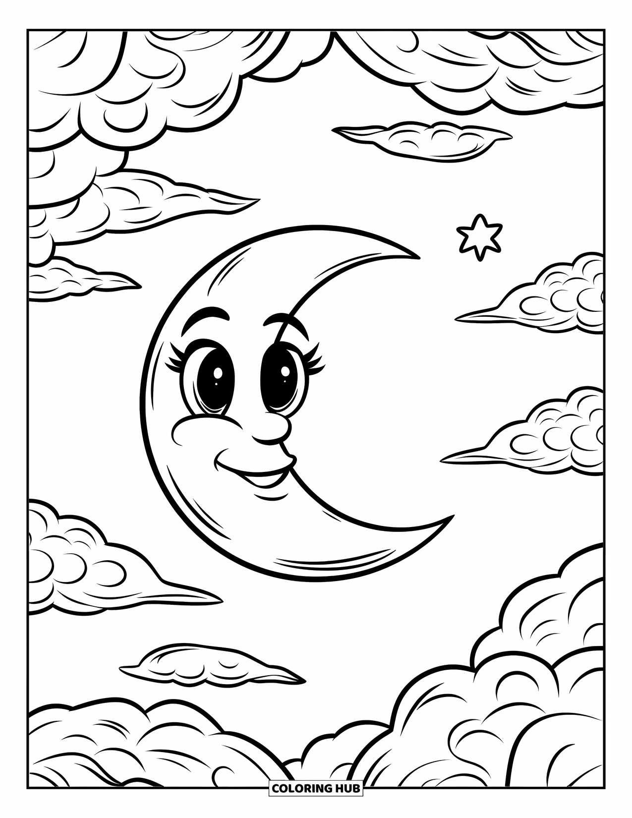 Moon Coloring Page for Kids: A cheerful, glowing moon with a cute face is surrounded by soft, billowy clouds and a single sparkling star