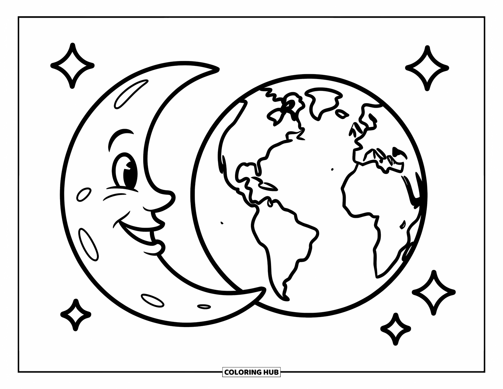 Moon Coloring Page for Kids: A cheerful moon with round eyes and a small smile sits beside a bold-outlined Earth, set against a white background