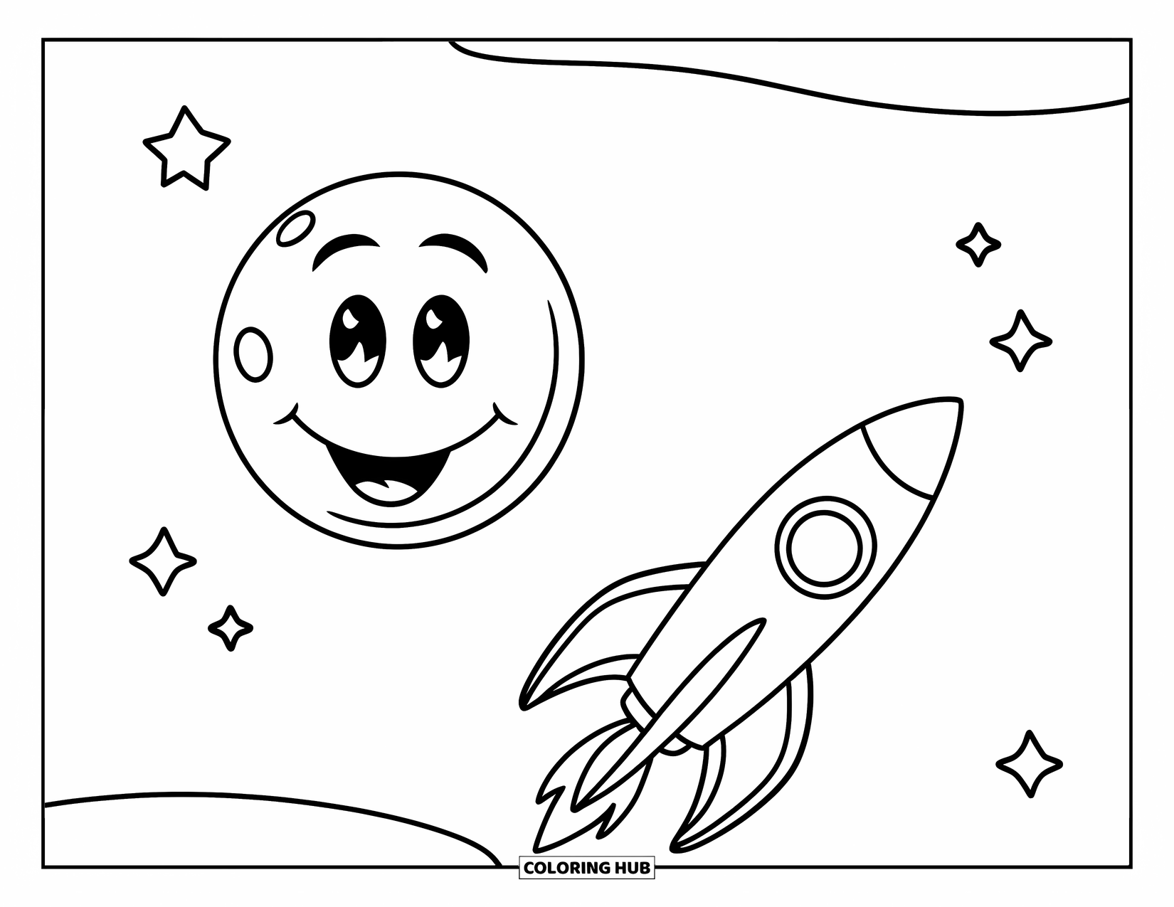Moon Coloring Page for Kids: A cheerful rocket orbits a smiling moon, holding a tiny flag with a happy face as it glides through space