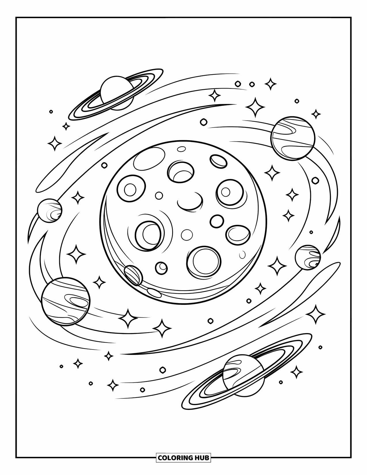 Moon Coloring Page for Kids: A cratered full moon is surrounded by swirling galaxies and distant planets in a breathtaking cosmic display