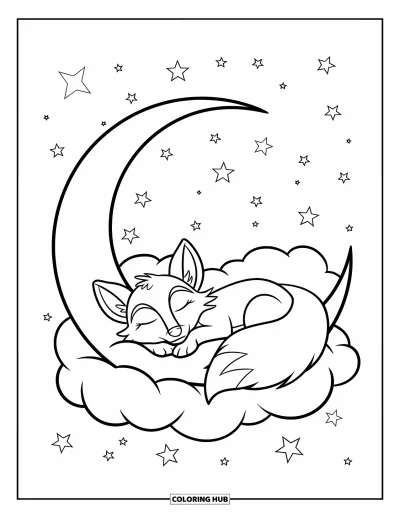 Coloriage de lune pour enfants : un croissant de lune berce un renard au repos, entouré de minuscules étoiles scintillantes qui illuminent la nuit rêveuse