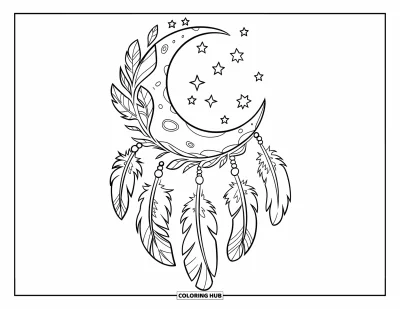 Coloriage de lune pour enfants : un croissant de lune forme le cœur d’un attrape-rêves, orné de délicates plumes et d’étoiles scintillantes