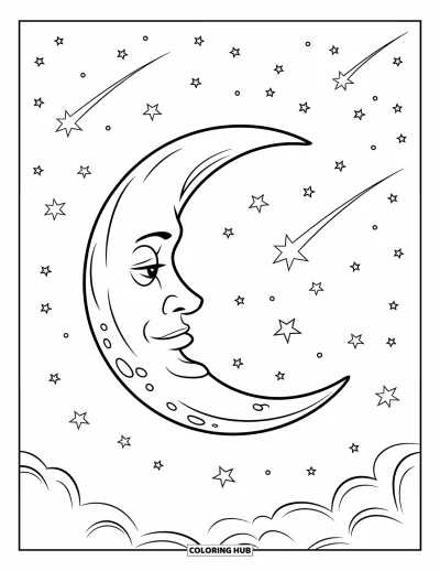 Coloriage de lune pour enfants : un croissant de lune brille au milieu d’un ciel rempli d’étoiles filantes, créant une scène céleste sereine