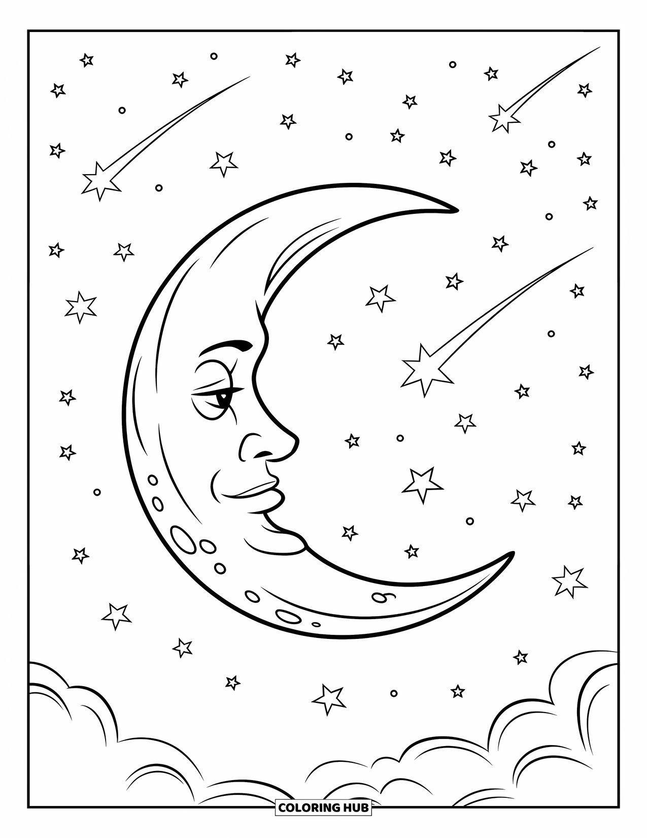 Moon Coloring Page for Kids: A crescent moon glows amid a sky full of shooting stars, creating a serene, celestial scene