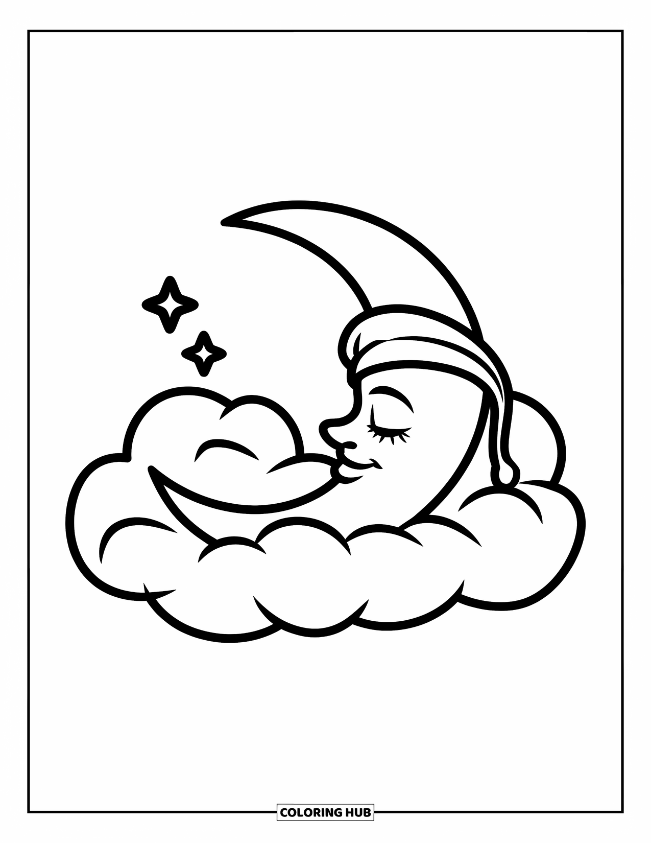 Moon Coloring Page for Kids: A crescent moon in a cozy sleeping cap snoozes peacefully on a fluffy cloud, with tiny stars twinkling above