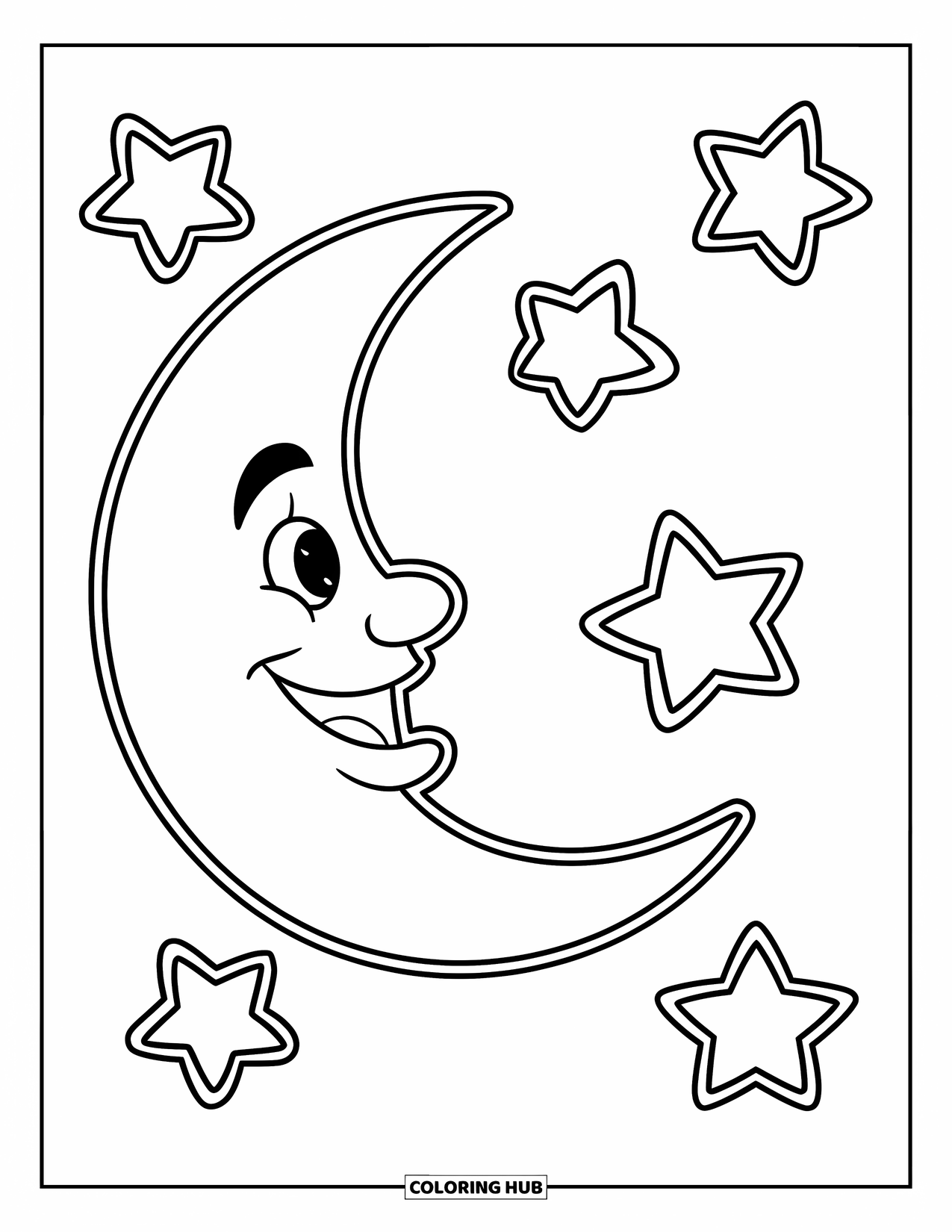 Moon Coloring Page for Kids: A crescent moon with a warm, friendly smile is surrounded by five tiny, glowing stars in a simple, bold design