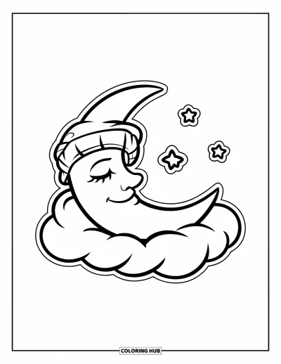 Coloriage de lune pour enfants : un croissant de lune mignon avec un minuscule bonnet de nuit somnole au sommet d’un nuage, entouré de trois douces étoiles brillantes