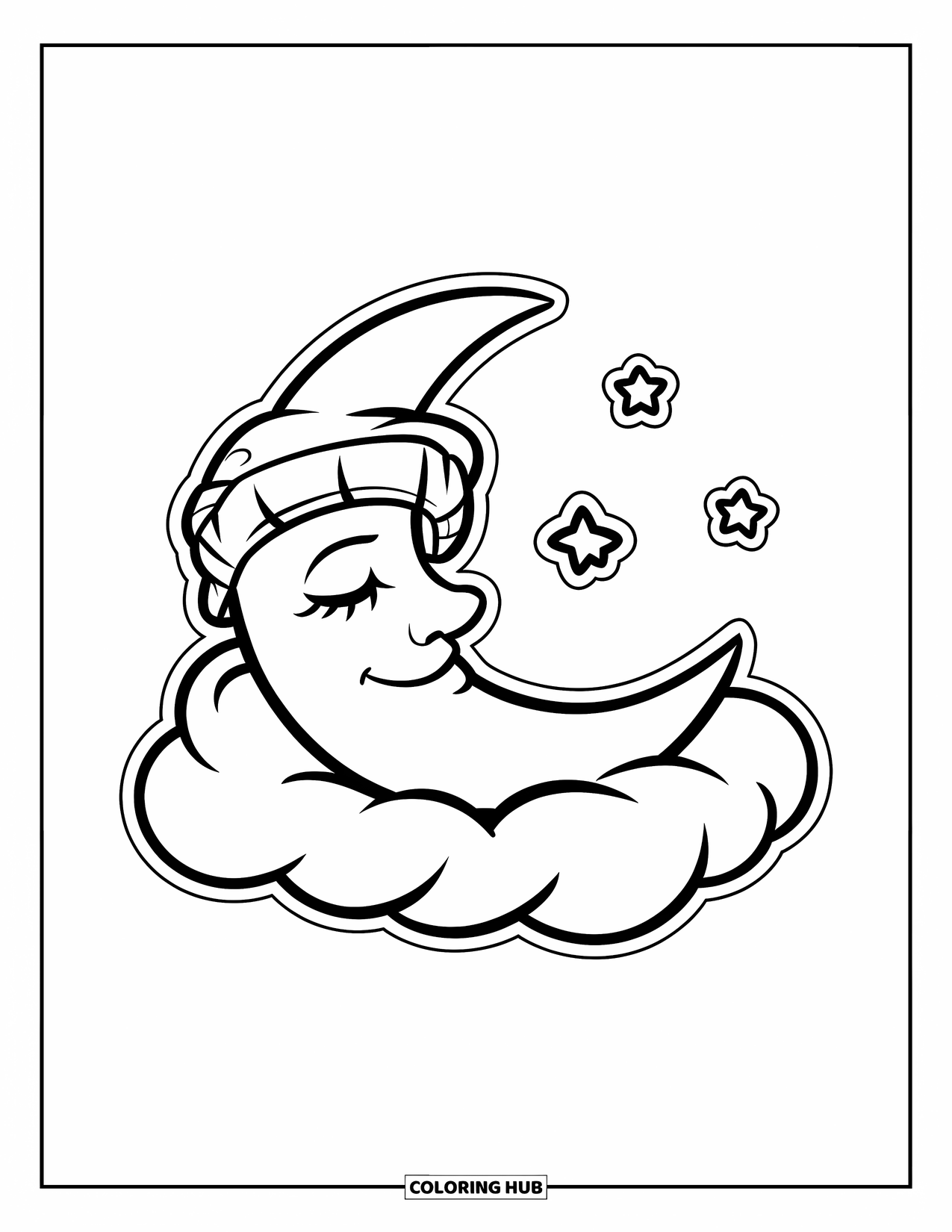Moon Coloring Page for Kids: A cute crescent moon with a tiny nightcap dozes atop a cloud, surrounded by three gentle glowing stars